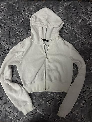 Ağ rəngli qısa kəsimli kapüşonlu svitşot (zipli). - Ön hissə tam — 1