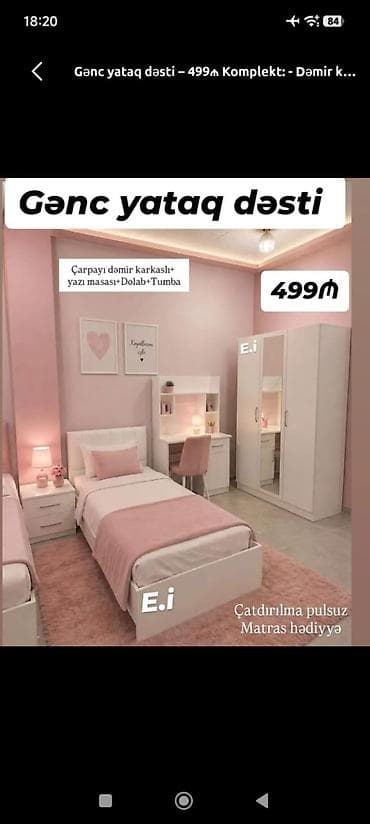 stol dəmir: Gənc yataq dəsti – 499₼ Komplekt: - Dəmir karkaslı tək çarpayı - Yazı — 1