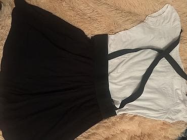 yupkalar ve koftalar: Qadın geyim dəsti – qara ətək askılı + ağ printli t‑shirt Gündelik ev — 5