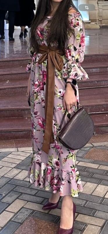 детские платья с длинным рукавом: Qadın paltarı – çiçəkli maxi model - Rəng/naxış: Pudra-bənövşəyi fon — 1