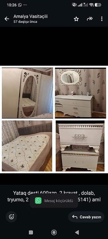 Yataq desti 600azn. 2 kravat dolab, tryumo, 2 tumba.Unvan 4mkr
