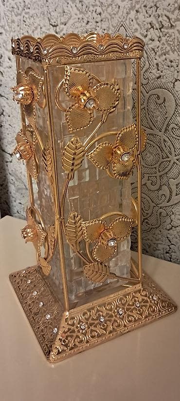 guzgu samdan: Zərif dekorativ şamdan/vaza - Material: qalın şüşə gövdə, qızılı — 1