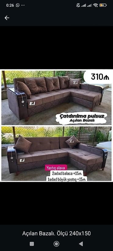 Açılan-bazalı L formalı künc divanı - Ölçü: 240 x 150 sm - Rəng: tünd