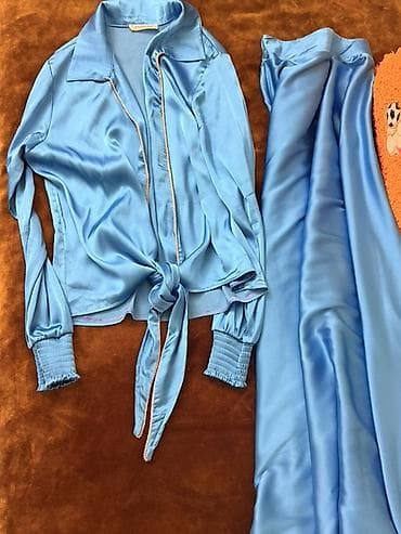 Saten iki parçalı dəst – SAMSARA brendi - Rəng: açıq mavi - Parça