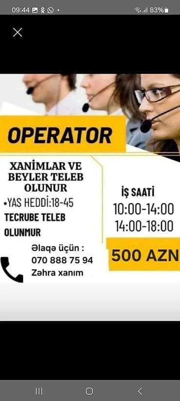 bakida ne is qurmaq olar: Çağrı mərkəzi operatoru tələb olunur, 18-29 yaş, Təcrübəsiz, Aylıq ödəniş — 2