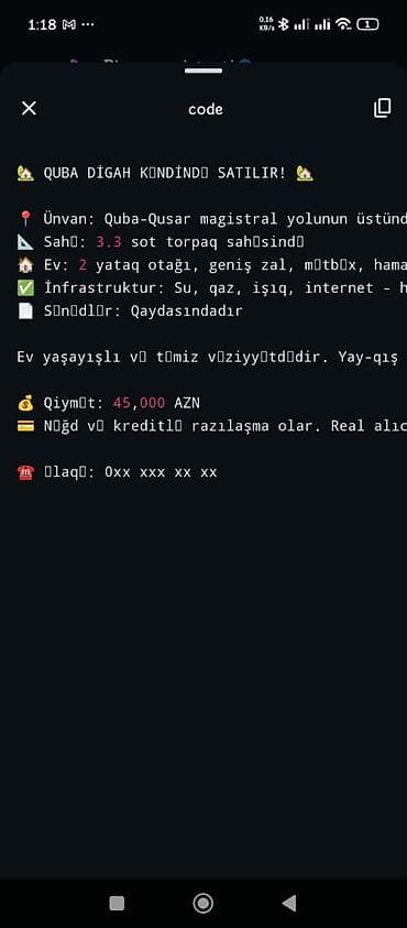 Quba, Dıgah kəndində ev satılır Ünvan: Quba–Qusar magistral yolunun