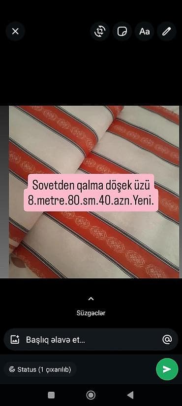 Sovet dövründən qalmış döşək üzü parçası. - Uzunluq: 8 metr - Eni: 80 — 1