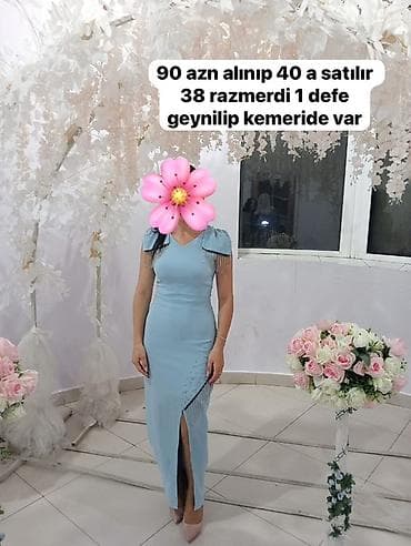 bezek esyasi: Mavi rəngli zərif ziyafət donu - Ölçü: 38 - Kəməri var - Model — 2