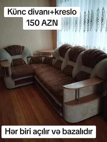 Divan və kreslo dəstləri: İşlənmiş, Künc divan, Kreslo, Bazalı, Açılan — 1