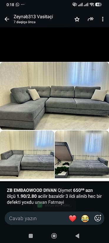 *ZB* *EMBAOWOOD DIVAN* Qiymet *650⁵⁰ azn* ölçü *1.90/2.80* acilir