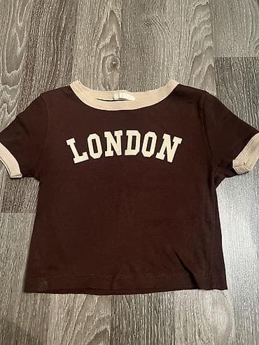 Qısaqol qadın/kid t-shirt – “LONDON” yazılı - Rəng: tünd qəhvəyi, bej — 1