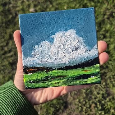 dekor divar sekilleri: Mini akril boya tablo – “Buludlu çəmənlik” motivi - Texnika: akril — 3