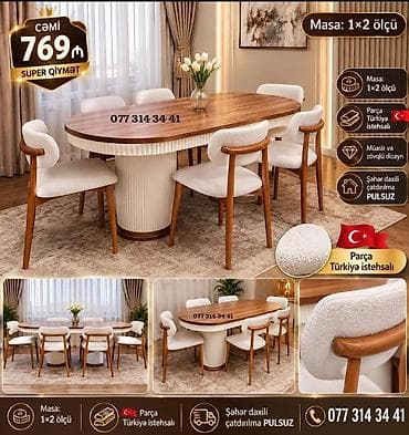 Müasir və zövqlü yemək otağı dəsti - Masa ölçüsü: 1×2 m, oval üst