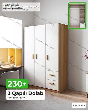 3 qapılı geyim dolabı Ölçü: 47×200×120 sm Material: Laminat 18 mm — 1