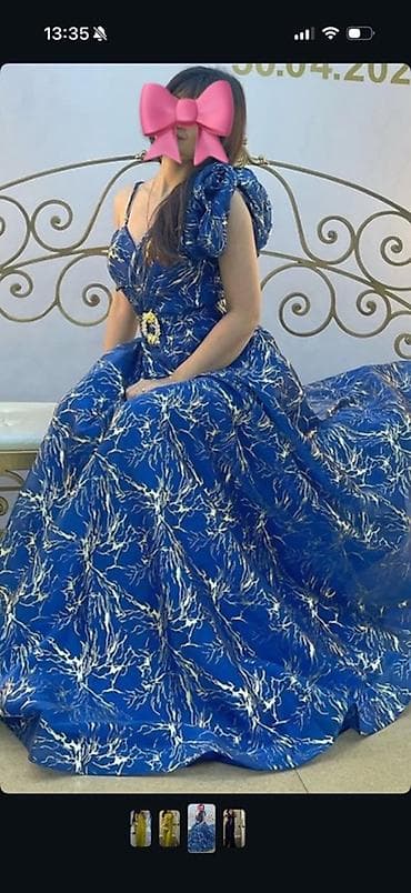 dress: Mavi-qızılı naxışlı ziyafət/libas - Model: uzun, ətəyi geniş və — 1