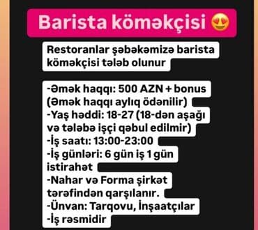 resepsn isi: Tel:0617986473 Ətraflı məlumat üçün ofisə yaxınlaşa bilərsiz.Həftənin — 6
