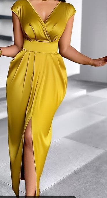 beden kremi: Qadın geyimi – zərif sarı maxi don • Model: büzməli ön hissə və — 2