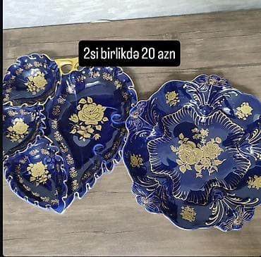 heri sekilleri: Qaranlıq mavi rəngli dekorativ porselen boşqab dəsti. - 2 ədəd boşqab — 1
