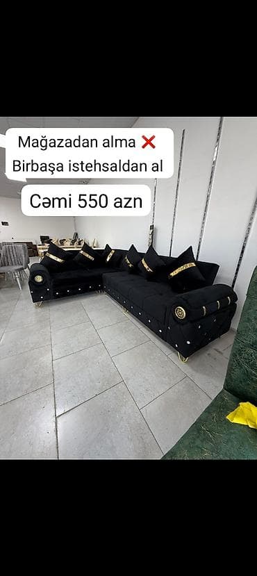 Künc divan dəsti – qara rəng, qızılı dekorlu - L formalı, geniş