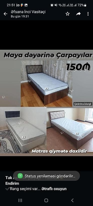 Мебель на заказ: *Tək nəfərlik Çarpayı - 150AZN💥* *Endirim* ✔️Rəng seçimi var Ölçü — 1