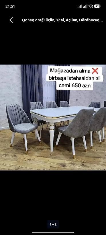 Qonaq otağı üçün, Yeni, Açılan, Dördbucaq masa, 6 stul
