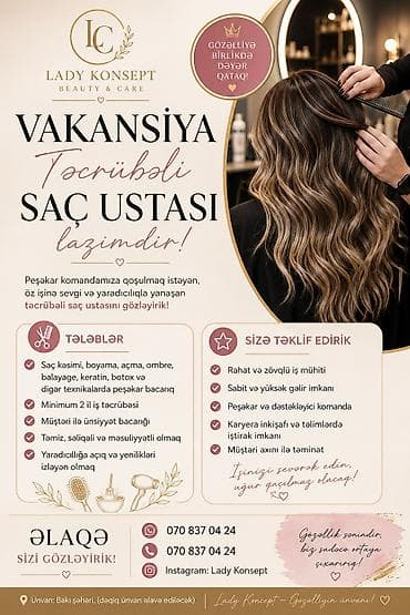 Qadın saç ustası tələb olunur, Faiz, 1-2 illik təcrübə, Təlim