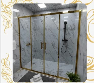 Mətbəx kranları: Qızılı rəngli çərçivəyə malik duş kabinəsi. Şüşə panellər otağa zərif lalafo.az -da — 1 Mətbəx kranları: Qızılı rəngli çərçivəyə malik duş kabinəsi. Şüşə panellər otağa zərif — 1