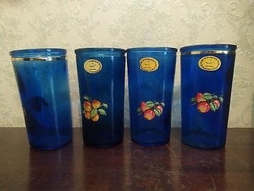 gil qablar: Stəkanlar, rəng - Göy, Şüşə, 4 ədədli dəst, 250 ml, SSRİ — 1