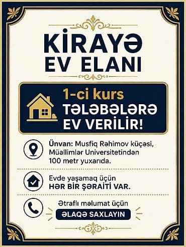 ucuz ev satisi: Kirayə ev – 1-ci kurs tələbələri üçün Ünvan: Musfiq Rəhimov küçəsi — 1