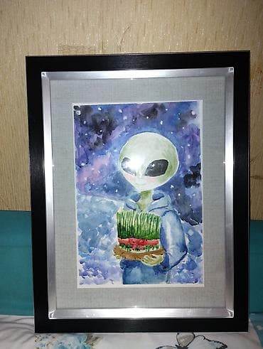 meymun sekili: Akvarel tablo – “Səməni tutan kosmonit”sulu ve akril boya ile islenip — 4