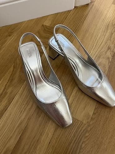 tufli: ZARA qadın ayaqqabısı – gümüşü rəng, slingback model - Forma: kvadrat — 1