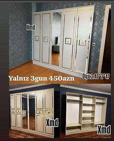 qapi kraskalari: Ağ rəngli, qızılı detallı böyük qarderob dolabı. Ön hissədə 5 qapı — 1