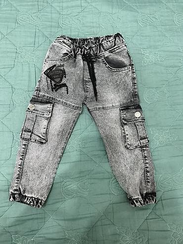 Uşaq cins şalvarı – boz/acid wash effektli, elastik bel və iplə — 1