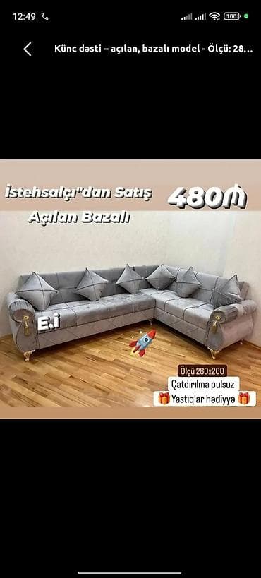 Künc divan dəsti – açılan, bazalı model - Ölçü: 280 x 200 sm -