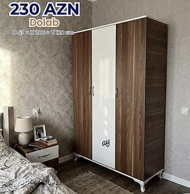 taxta ref: Dolab – 3 qapılı, ağ və qəhvəyi (taxta teksturalı) dizayn. Ölçülər — 1