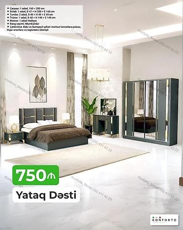 tula: Yataq Dəsti – 750₼ Tərkibi və ölçülər: - Çarpayı: 1 ədəd, 160 × 200 — 1