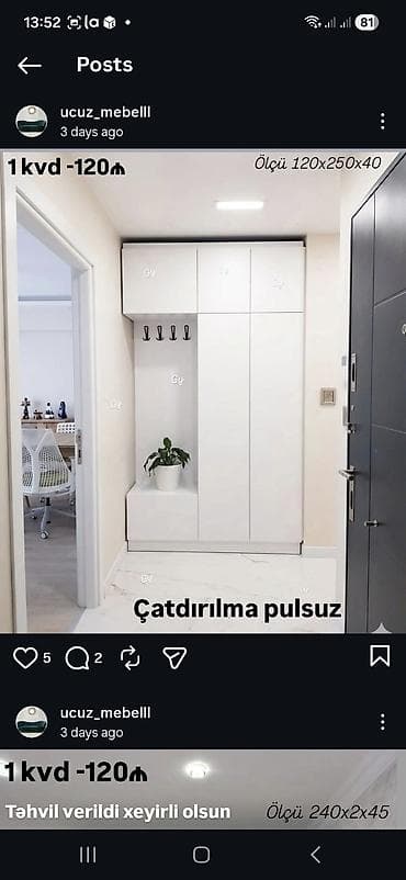Dəhliz üçün çoxfunksiyalı qarderob dəsti - Ölçü: 120 x 250 x 40 sm