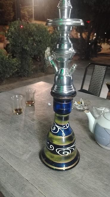 ŞİŞƏ NARGİLƏ DƏSTİ - Klassik dizaynlı şüşə kolba: lacivərt və sarı — 1