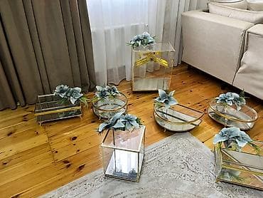 dekor masa: Dekorativ güzgülü şamadan/tray dəsti – qızılı metallik çərçivə — 5