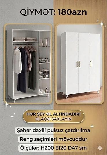 Yeni, 3 qapılı, Ağ, Taxta, Açılan, Düz dolab