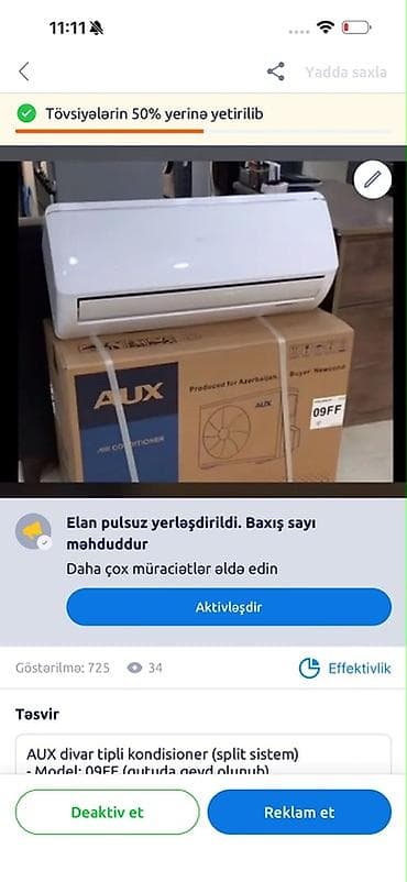 pro max: Kondisioner AUX, İşlənmiş, 20-dən az kv. m, Split sistem, Kredit yoxdur, Ödənişli quraşdırma — 1