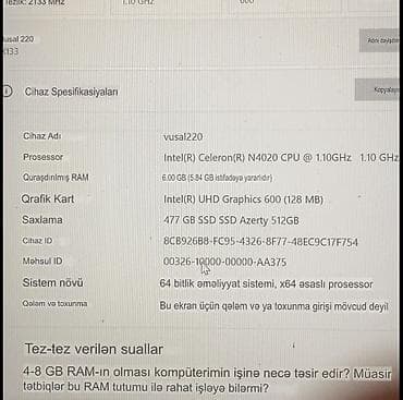 ipad 6 qiymeti: Noutbuk – Intel Celeron N4020, 6 GB RAM, 512 GB SSD, 14–15" ekran — 2