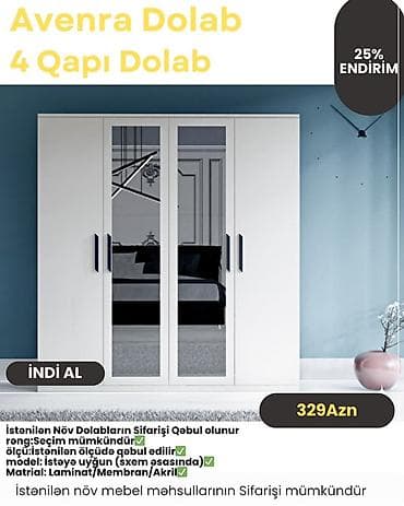 Düz dolab, Yataq otağı üçün, Paltar üçün, Açılan, Korpuslu, 4 qapılı — 1