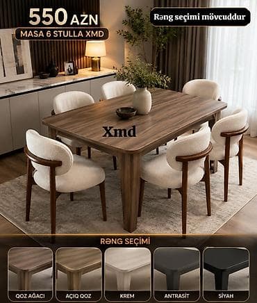 perla stul: Masa + 6 stul dəsti – 550 AZN Zərif dizaynlı yemək otağı dəsti — 1