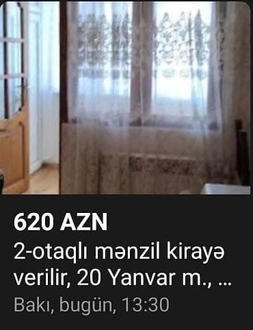 620 AZN 2-otaqlı mənzil kirayə verilir, 20 Yanvar m. - Yer: Bakı, 20