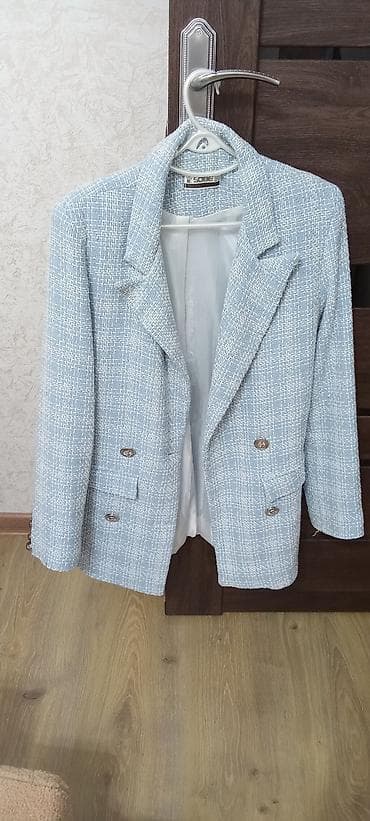 Şanel üslubunda qadın tweed jaket - Rəng: açıq mavi‑boz tonlarında — 3