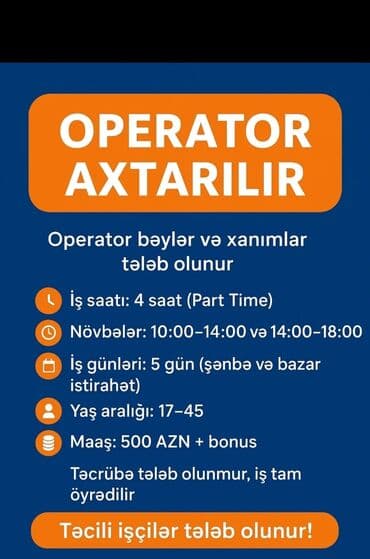 xırdalanda iş elanlari: Çağrı mərkəzi operatoru tələb olunur, Təcrübəsiz, Aylıq ödəniş — 1