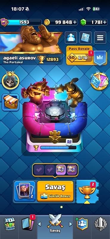 clash royale: Clash Royale hesabı - Kasa: 99 848 qızıl, 1 781 daş - Kupa: 12 893 - — 1