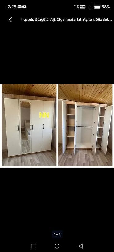 paltar dolap: Yeni, 4 qapılı, Güzgülü, Ağ, Açılan, Düz dolab — 3