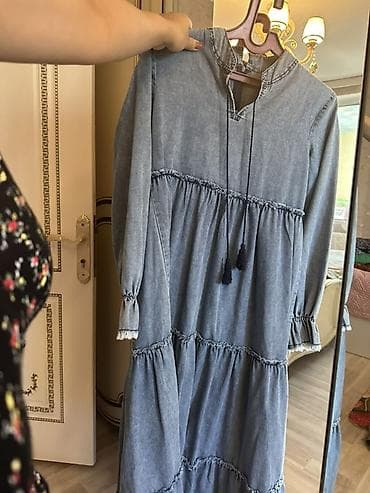 sadə don: Bohem tərzində uzun cins (denim) don - Rəng: açıq mavi/washed denim - — 4
